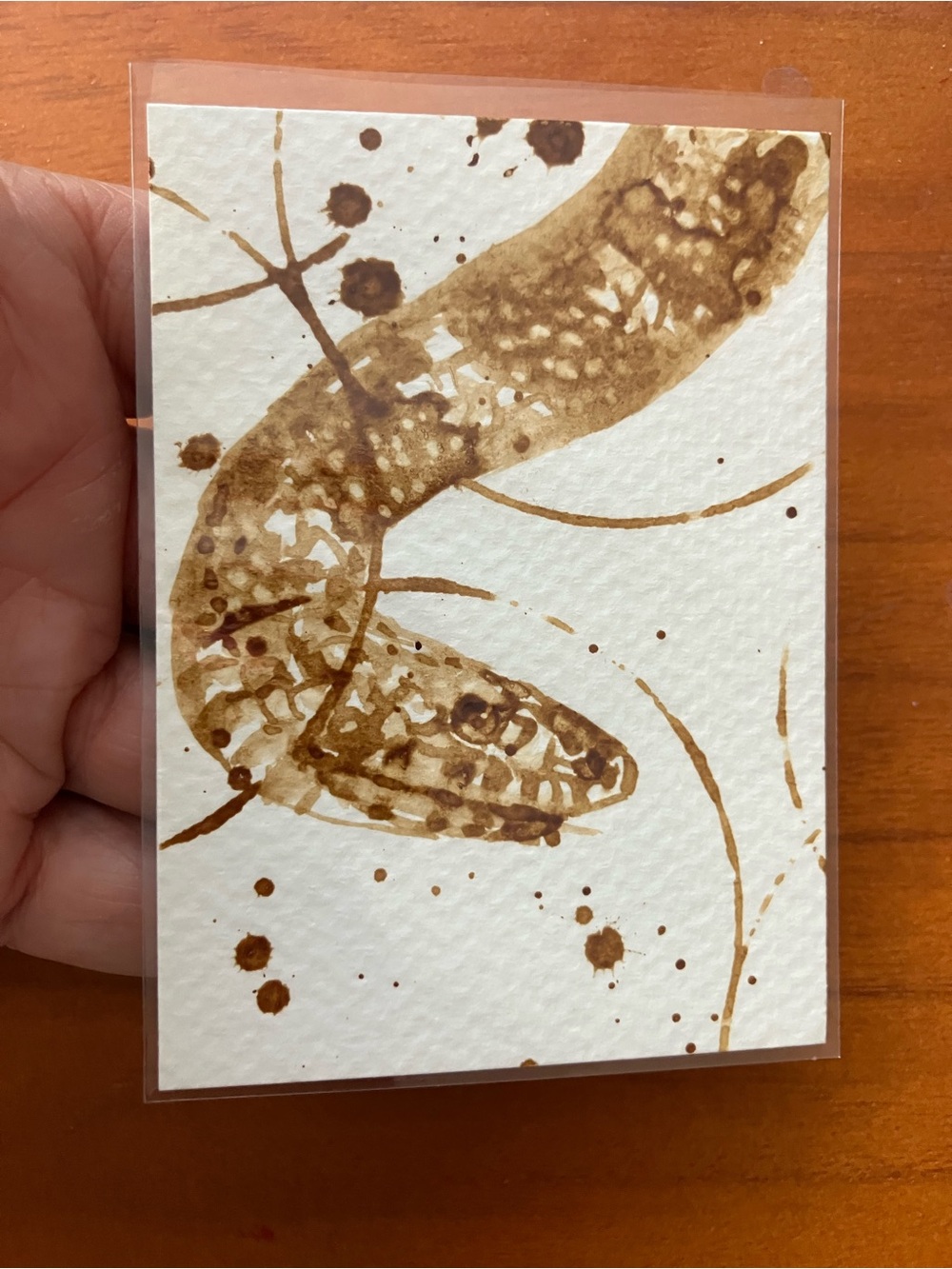 Aceo original coffee snake painting atc reptile gift card collectible Artettina